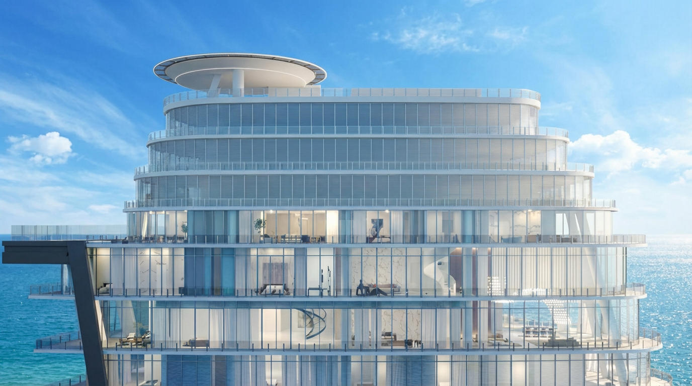 This image showcases the front view of a luxurious modern multi-story building, possibly a condominium or high-end residence. The building features a curved, tiered design with expansive glass windows and balconies offering ocean views. A helipad is visible on the uppermost level, suggesting exclusive access and grandeur.