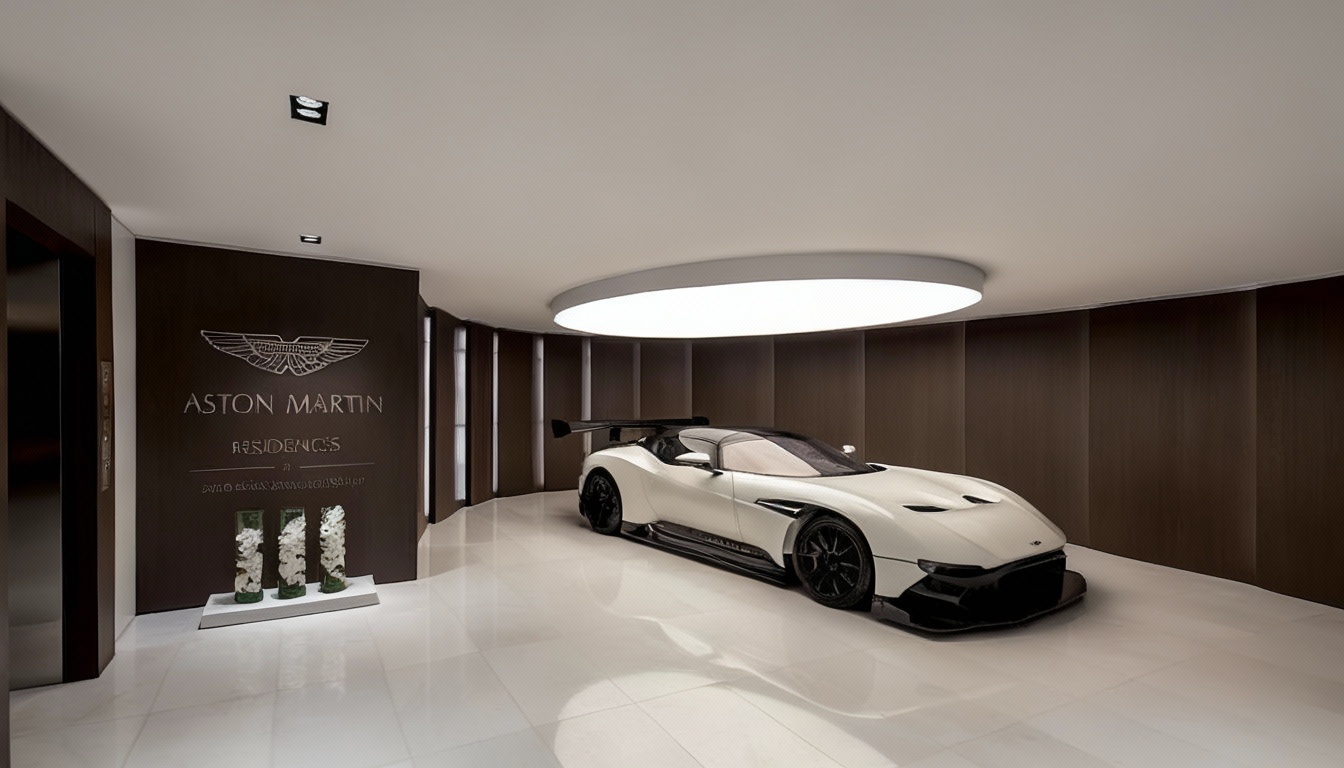 This interior shot showcases a luxurious garage space, equipped with a sleek, white Aston Martin sports car. The design features elegant, dark wood paneling and a modern, circular ceiling light, creating a sophisticated showroom atmosphere. The polished marble flooring enhances the overall high-end aesthetic, suggesting a premium or exclusive living environment.