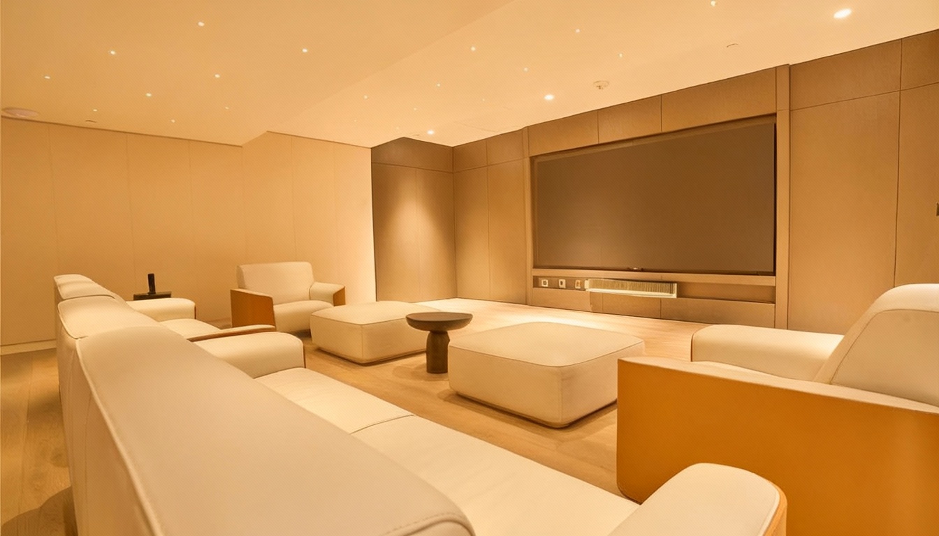 This is an interior shot of a modern living room featuring a large screen television mounted on a paneled wall. The room is furnished with a sectional sofa, lounge chairs, and ottomans, all in a neutral color palette. The clean lines and minimalist decor create a sophisticated and comfortable atmosphere.