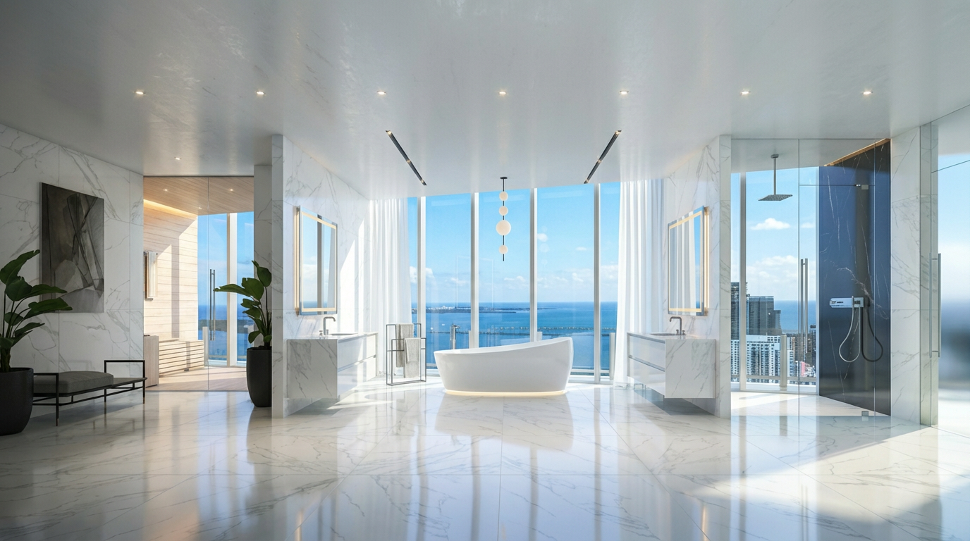 This is a high-end primary bathroom with sleek, modern fixtures and a spacious layout. Marble flooring and walls contribute to a luxurious feel, complemented by a freestanding soaking tub and glass-enclosed shower. Large windows offer stunning views of the city and waterfront, adding a unique and desirable aspect to the space.