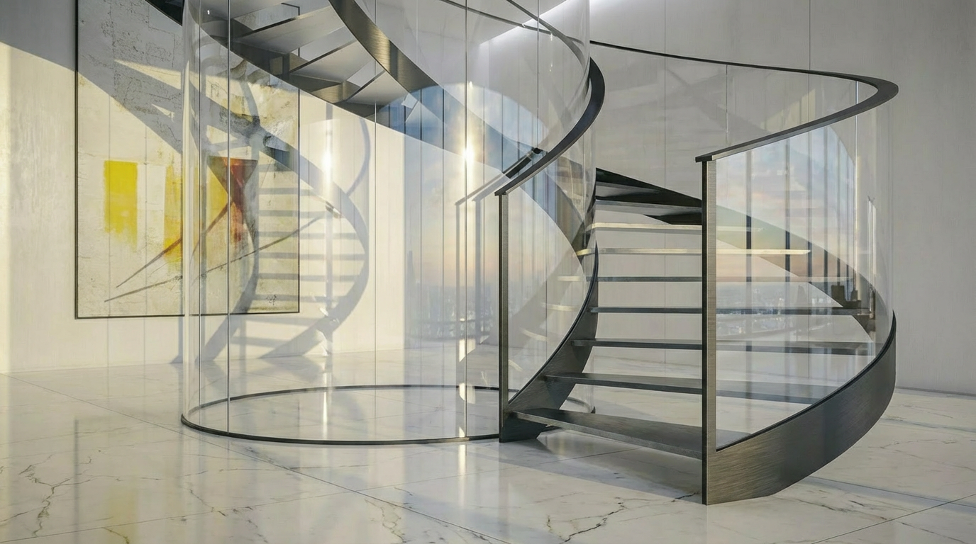This interior shot showcases a modern spiral staircase enclosed in glass. The staircase features dark treads and frames against a bright, airy backdrop, emphasizing the contrast. Marble style flooring and a contemporary painting compliment the overall aesthetic.