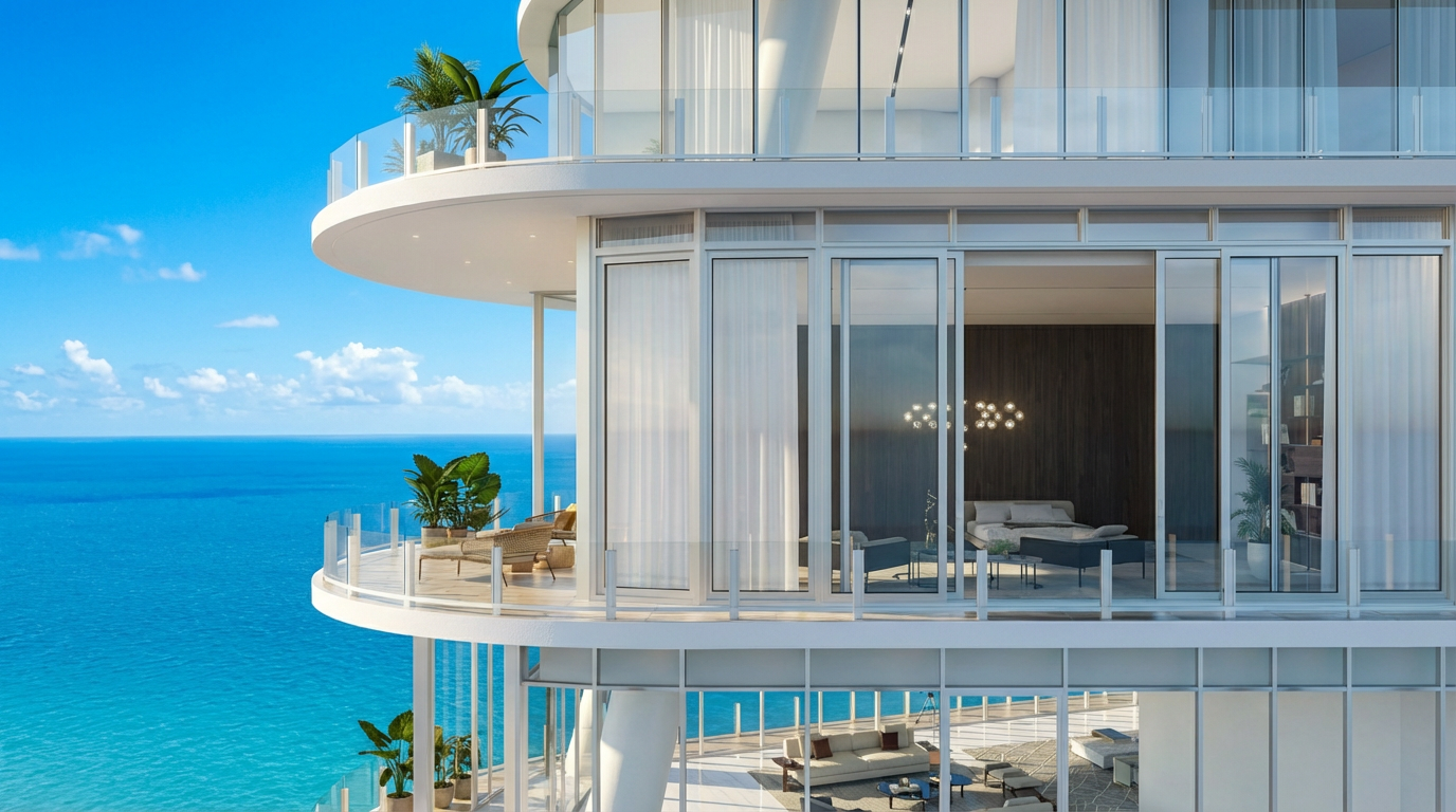This image showcases the exterior balconies of a luxury high-rise apartment building. The balconies feature modern glass railings and offer stunning ocean views. The design emphasizes outdoor living and highlights the building's prime waterfront location.