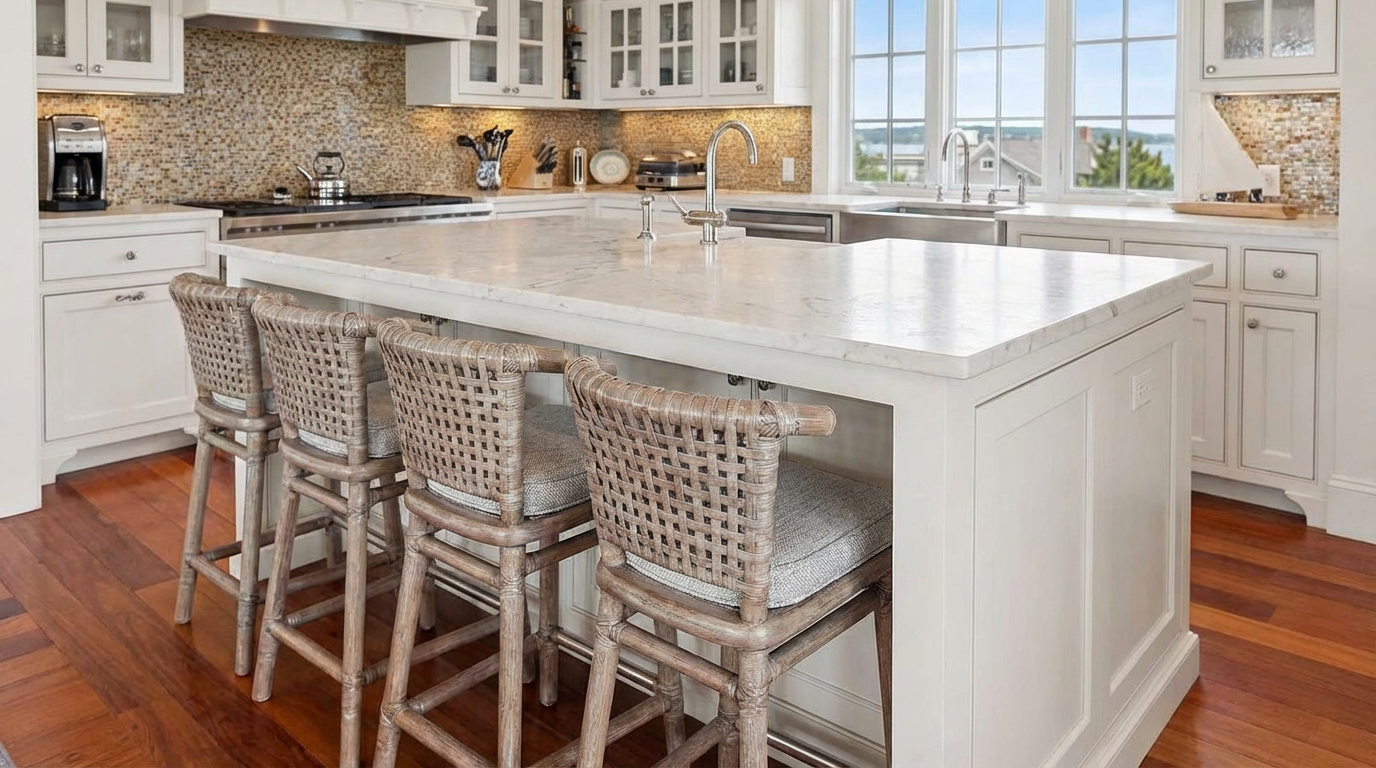 This interior shot showcases a bright and modern kitchen featuring white cabinetry and a large center island with a marble countertop. Three woven bar stools are casually arranged at the island, suggesting a breakfast bar. The combination of high-end finishes and natural light creates an inviting and stylish atmosphere suitable for cooking and entertaining.