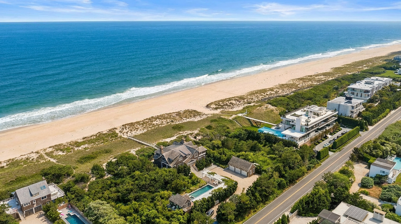 This aerial view showcases a stunning beachfront property with multiple buildings, a swimming pool, mature landscaping, and direct access to the sandy beach. The contemporary architecture of the newer buildings contrasts with the more traditional style of the central residence. The image highlights the property's prime location and luxurious amenities.