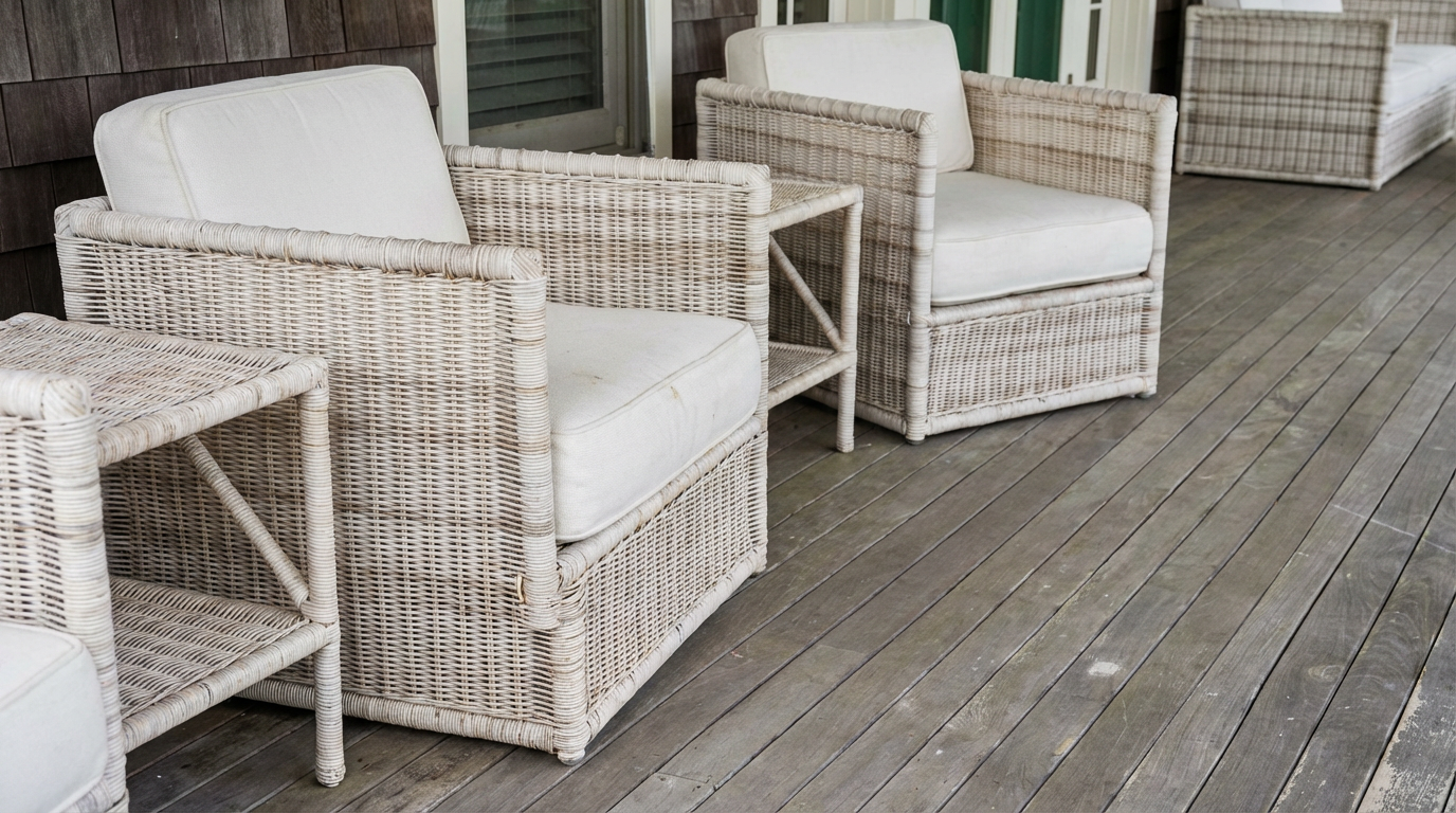 This image showcases an outdoor patio or deck area featuring wicker furniture with white cushions. The setting gives off a relaxed, comfortable vibe perfect for lounging. The wood plank flooring of the deck adds a touch of rustic charm.