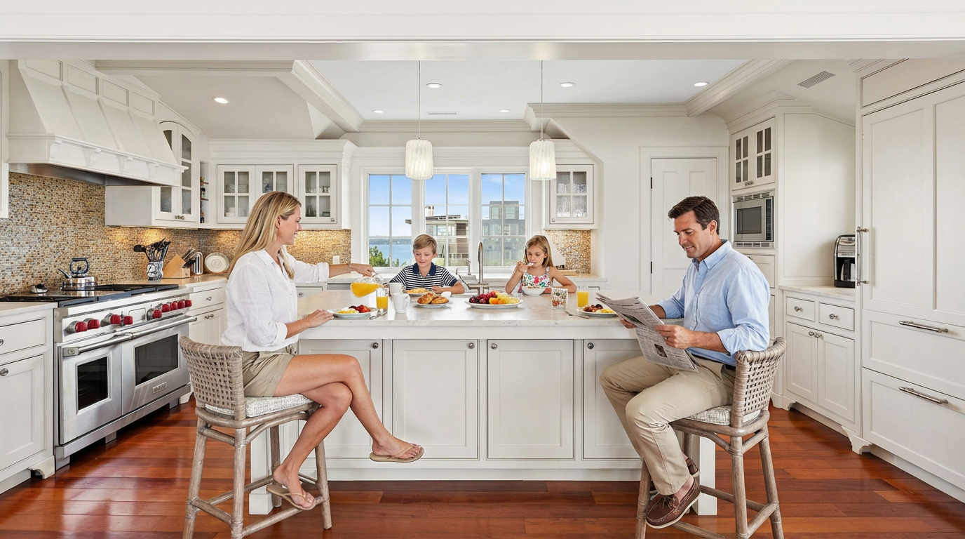 This is a bright and spacious kitchen featuring white cabinetry and a contrasting wood floor. The large kitchen island serves as a breakfast bar where a family is seated, and pendant lights hang above the island. The kitchen is well-lit with natural light and has stainless steel appliances.