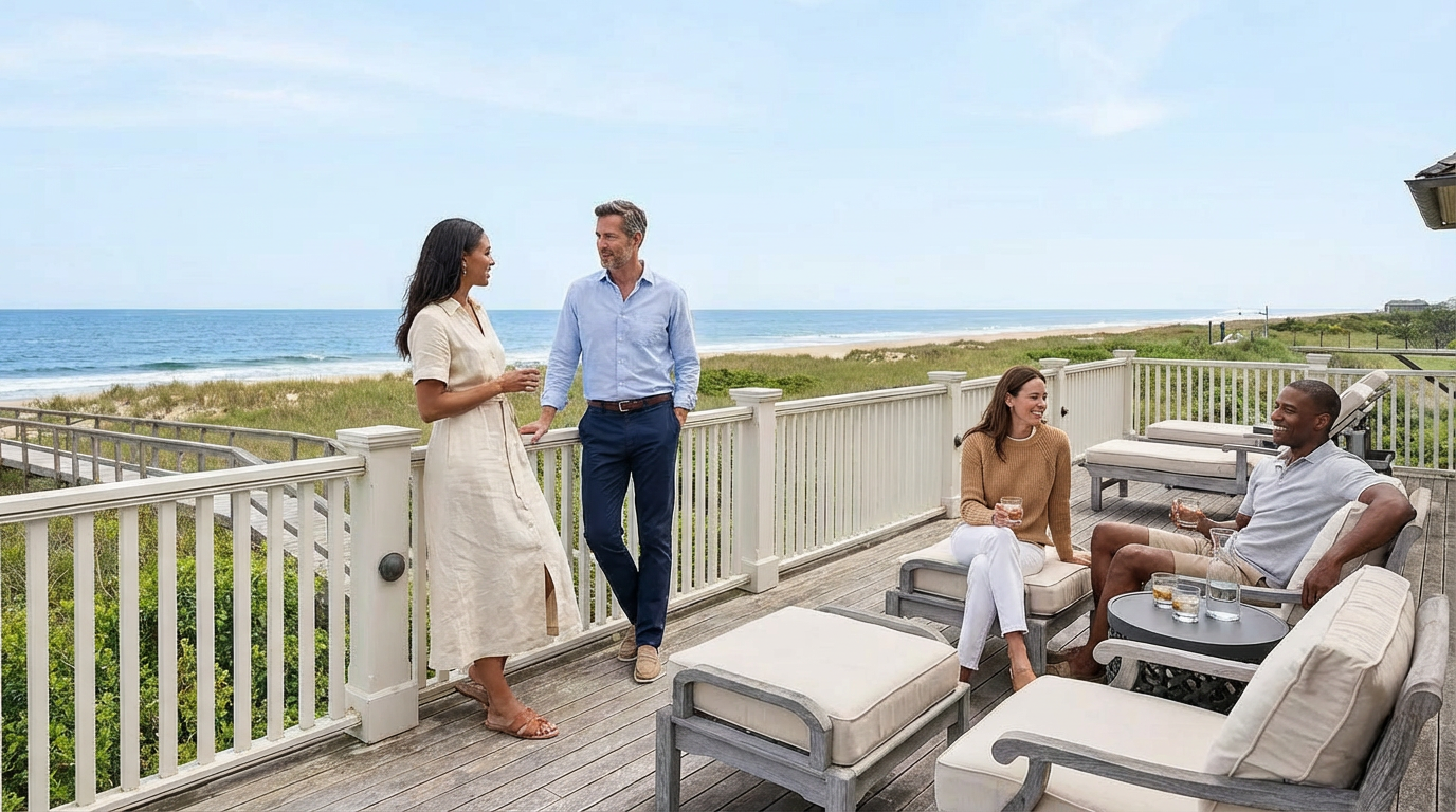 This image showcases a spacious outdoor deck or balcony area with ocean views. Several individuals are enjoying the space, which features comfortable seating and clear railing for unobstructed views. The deck seems ideal for relaxation and entertaining, adding significant value to the property.