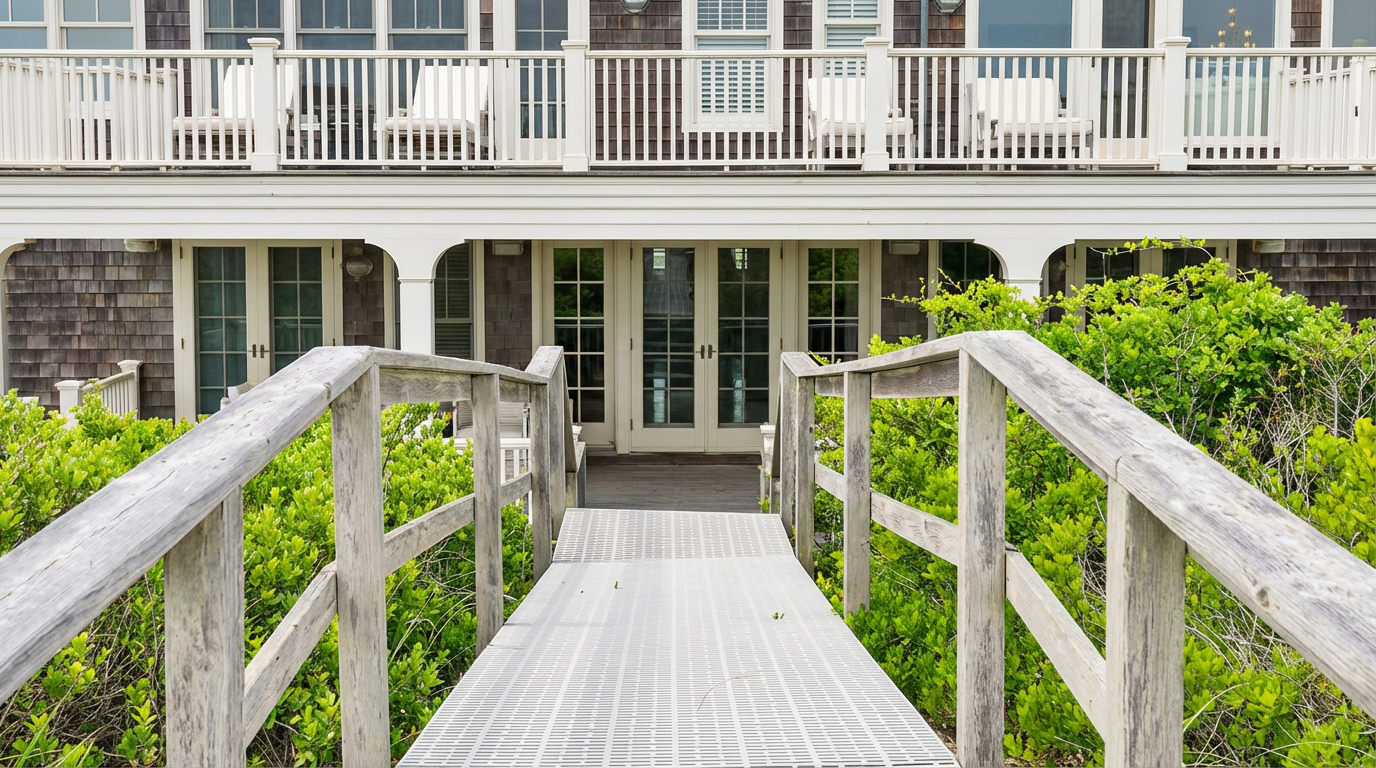 The image captures a charming entryway leading to a home with a distinctive architectural style. A weathered wooden walkway, flanked by lush greenery, guides visitors to the entrance, which features French doors and a shingled facade. Above, a balcony with white railings and outdoor seating adds to the appeal of this inviting space.