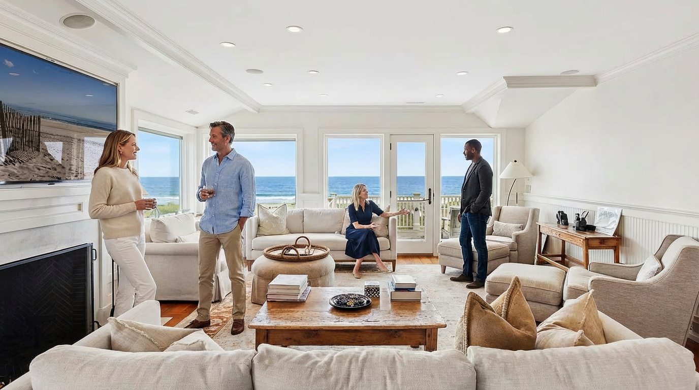 This is a bright and airy living room with coastal views. The space features comfortable, neutral-toned seating, a fireplace, and large windows that offer expansive ocean vistas. The overall impression is one of relaxed elegance and sophistication, making it an ideal setting for entertaining or relaxing.