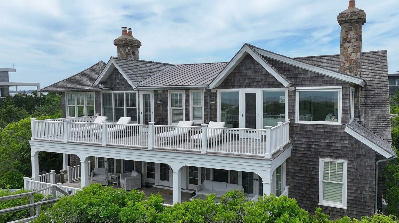 This is an exterior rear view of a beautiful multi-story house. The architecture features a prominent deck with white railings, offering outdoor living space. The house has shingle siding, a metal roof, and a stone chimney, blending classic design with modern materials, all surrounded by lush landscaping.