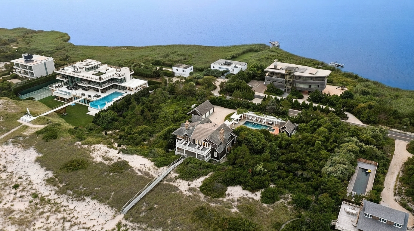 This aerial view showcases an impressive waterfront property featuring multiple buildings, swimming pools, and lush landscaping. The architecture varies from modern to traditional, creating a diverse and luxurious estate. A private walkway leads from one of the houses to the beach, enhancing the property's exclusivity.