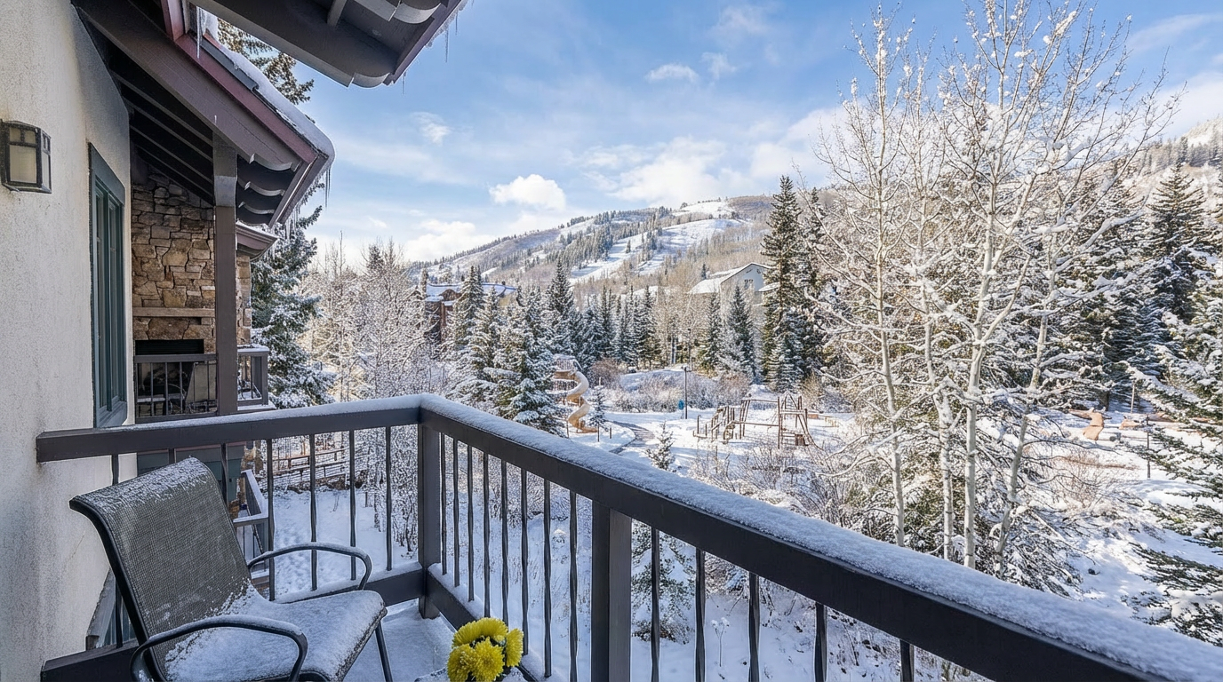 This image showcases a snow-covered balcony with an inviting view. The scene includes a chair dusted with snow, a glimpse of landscaping below, and a mountain vista backdrop covered in evergreen trees. The balcony's design complements the residence's architectural style.