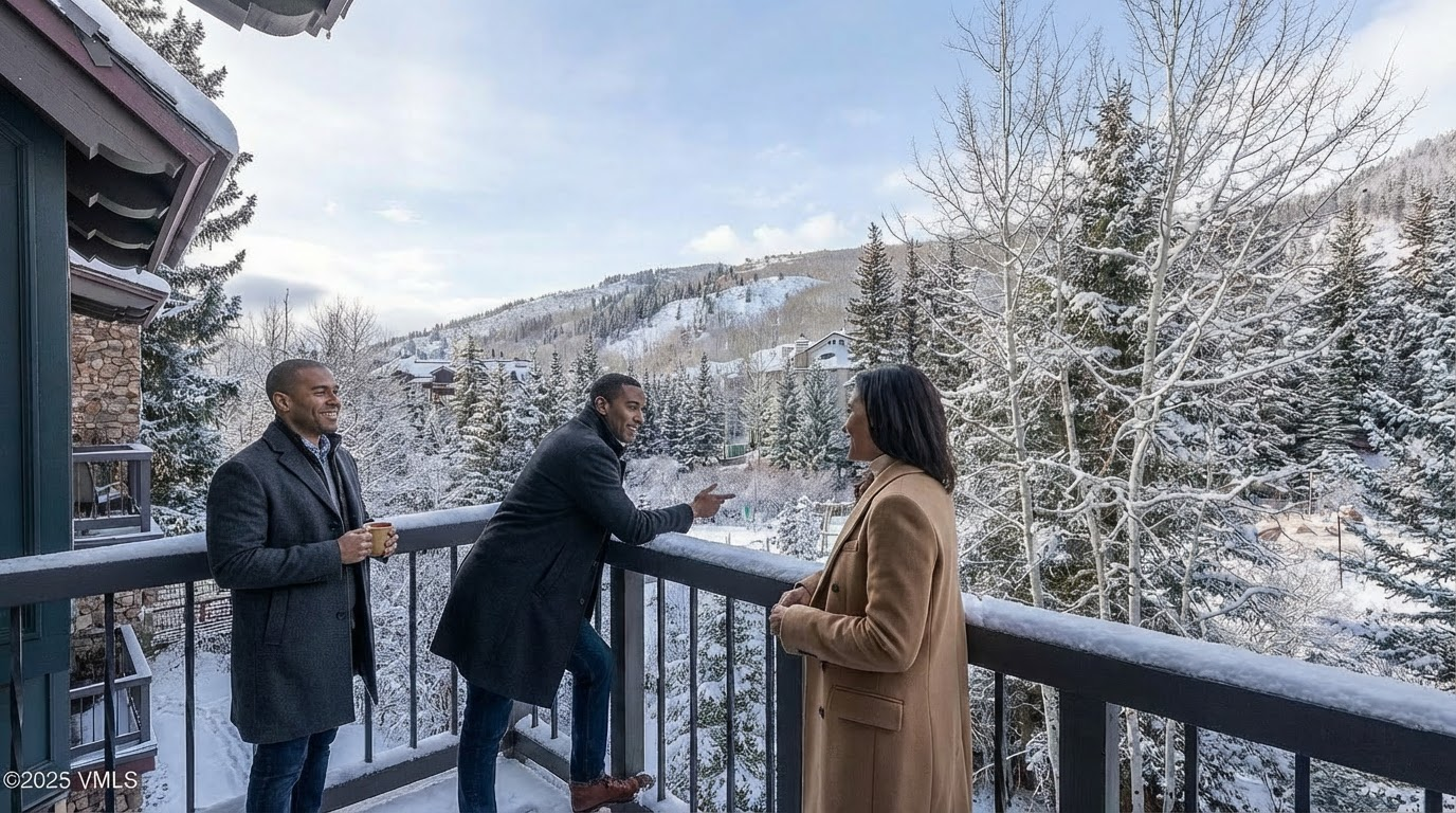 This image showcases a balcony during winter, with three people enjoying the snowy vista. They are dressed in warm coats, suggesting a chilly climate. The views include snow-covered trees and mountains; creating an idyllic winter retreat ambience suitable for a luxury real estate listing.