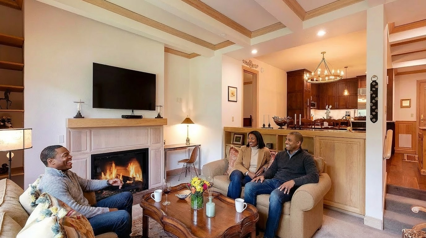 This is an inviting living room with a warm and cozy atmosphere. The room features a fireplace, a large screen television, and comfortable seating. The hardwood ceiling beams and open connection to the kitchen area add a touch of elegance and spaciousness, making it perfect for relaxing and entertaining.