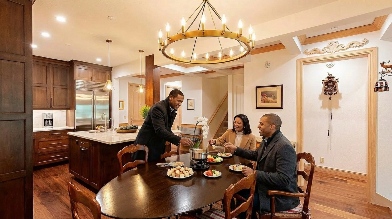 This is an interior shot of a dining room in a home. Three people are gathered around a dining table showcasing a fondue setup. The room also includes a chandelier, wooden floors, and a glimpse into the adjoining kitchen area, presenting a warm and inviting space for dining and socializing.