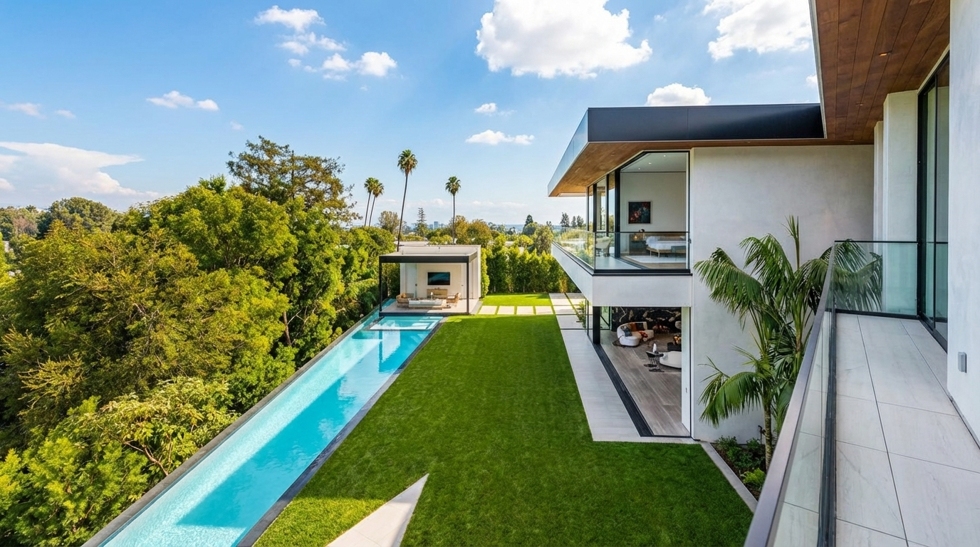 This aerial view showcases a modern luxury home with a stunning infinity pool extending from the backyard. The architecture features clean lines, large windows, and balcony spaces with glass railings. Lush greenery surrounds the property, enhancing its privacy and appeal.