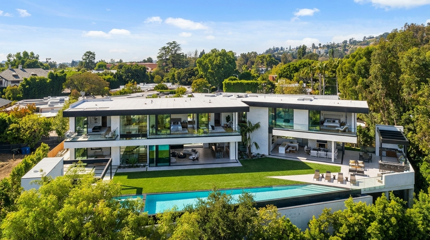 This is an aerial view of a modern, two-story house with a flat roof and expansive glass walls. The property features a rectangular pool surrounded by a well-manicured lawn and mature trees. The house boasts multiple outdoor living spaces, including balconies and a patio area with lounge chairs.