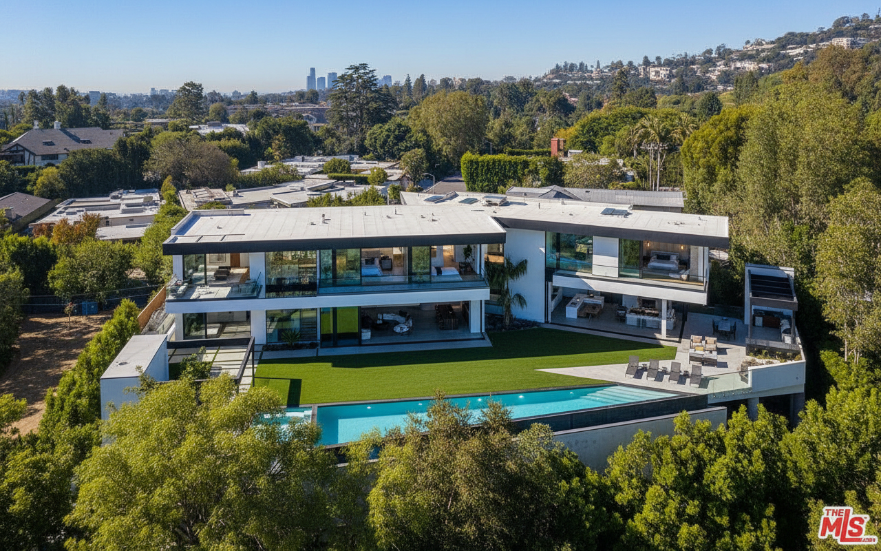 This aerial shot showcases a stunning modern mansion with a sleek design, multiple levels, and expansive glass windows offering views of the interiors. A well-manicured green lawn and a long, rectangular pool with blue water add to the luxury appeal. The outdoor patio features lounge seating, creating a relaxing space for enjoying the surroundings.