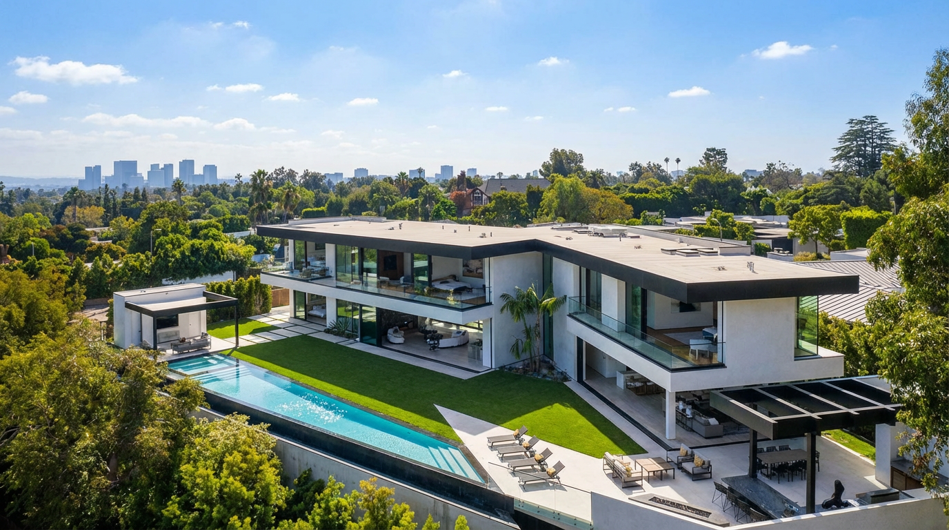 This aerial view showcases a luxurious modern home with a sleek, flat roof and walls of glass overlooking well-manicured grounds. The property boasts a long, elegant swimming pool, a spacious patio area with outdoor seating, and an ancillary building. The city skyline is visible in the distance, emphasizing the prime location and upscale ambiance of the estate.