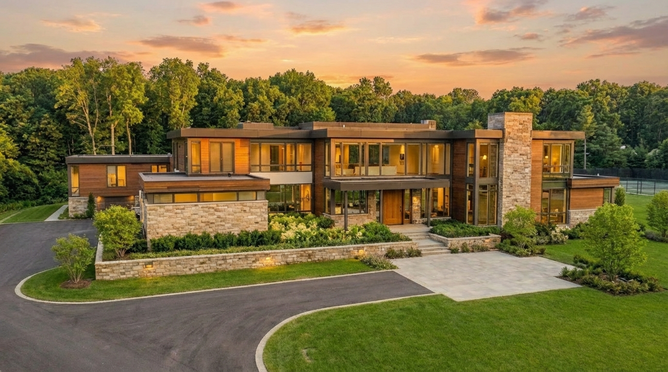 This is a stunning front view of a modern and luxurious residence. The home features a multi-level design with a combination of wood panels, stone accents, and expansive glass windows, offering ample natural light. The meticulously landscaped grounds with manicured lawns and thoughtfully placed greenery enhance its curb appeal, suggesting a high-end and well-maintained property.