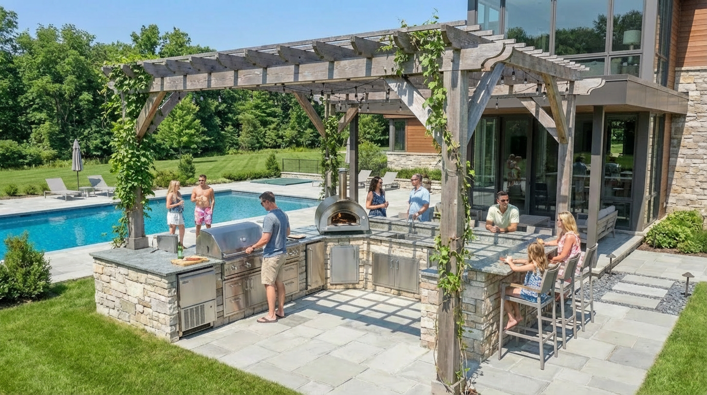 This image showcases an expansive outdoor patio area featuring a full outdoor kitchen with a built-in grill and pizza oven, as well as a bar area with seating. A pergola draped with greenery provides shade, and a swimming pool is visible in the background, creating a luxurious and inviting outdoor living space. The patio is paved with stone, which complements the stone detailing on the outdoor kitchen and portions of the house.