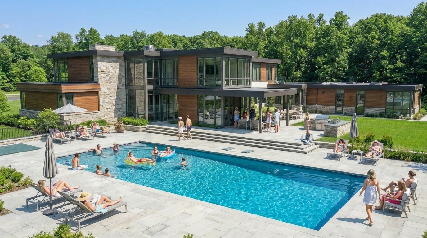 This image showcases the exterior of a modern home, focusing on the pool and surrounding patio area. People are seen enjoying the pool and lounging on deck chairs. The architectural style is contemporary with clean lines, large windows, and a combination of wood and stone exterior finishes, creating an inviting outdoor entertainment space.