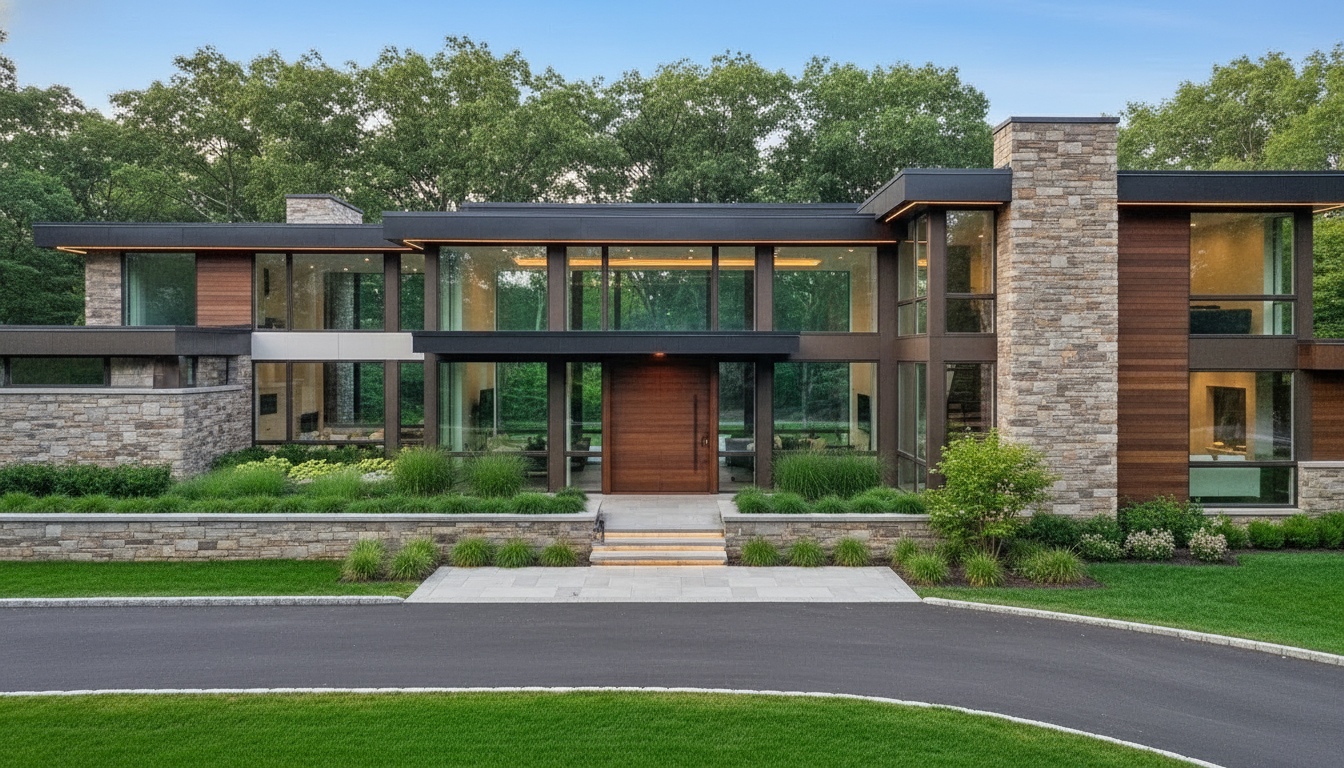 This image showcases the front exterior of a modern residence with striking architectural features. The house boasts a combination of stone, wood, and glass elements, creating a contemporary yet natural aesthetic. Large windows offer abundant natural light and views, while manicured landscaping enhances the property's curb appeal.