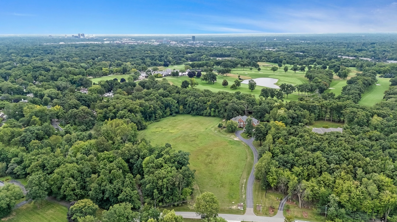 This aerial view showcases a property with a large lawn, mature trees, and a long driveway leading to a house. The property is surrounded by lush greenery, possibly indicating a private or secluded setting. A golf course is visible with a water feature and manicured greens in the aerial view, adding an element of luxury and recreation.