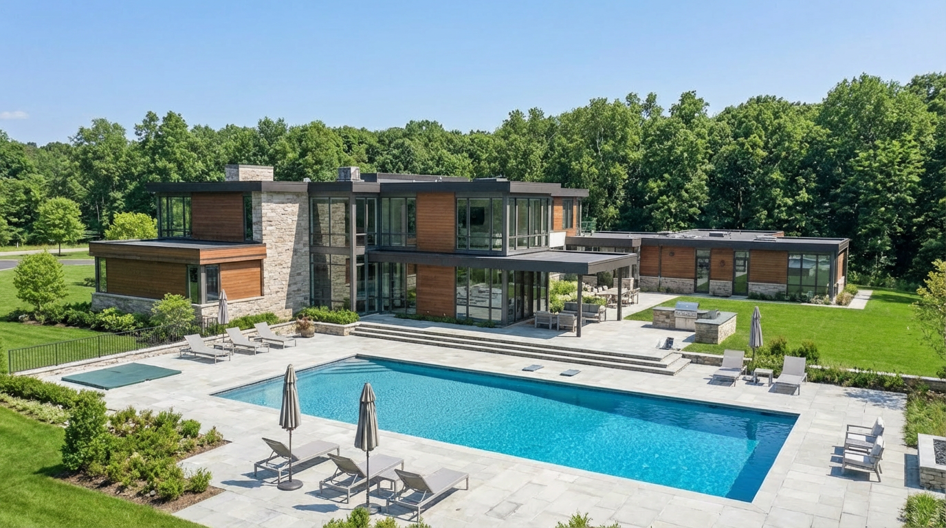 This image showcases the exterior rear view of a modern home, emphasizing the luxurious pool area and manicured lawn. The pool is complemented by lounge chairs and umbrellas, creating an inviting outdoor space. The architectural style of the house is contemporary, with clean lines and a combination of wood and stone elements visible.