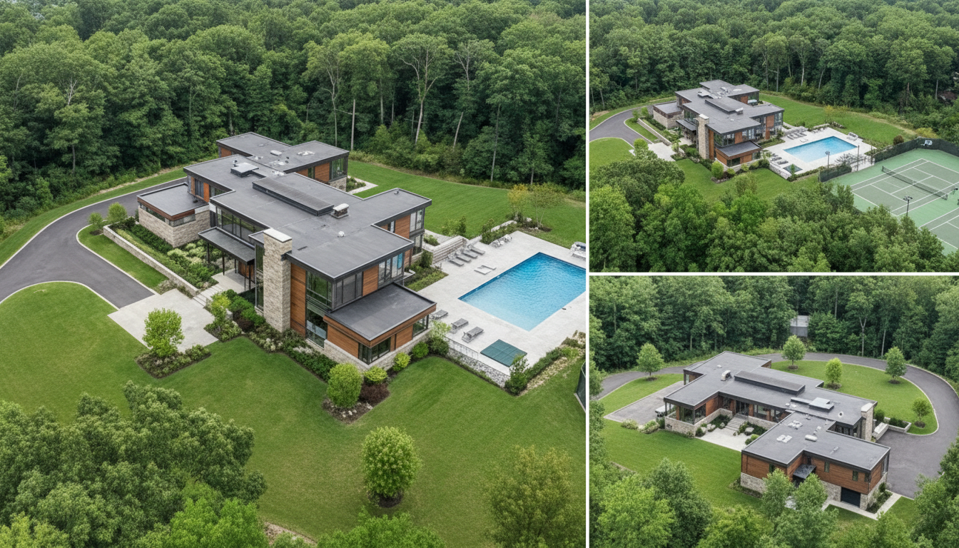 This aerial view showcases a modern residence nestled among lush trees. The house features a flat roof, a combination of stone and wood exterior elements, and an inviting outdoor pool area. A tennis court sits nearby, suggesting a focus on recreation and privacy.