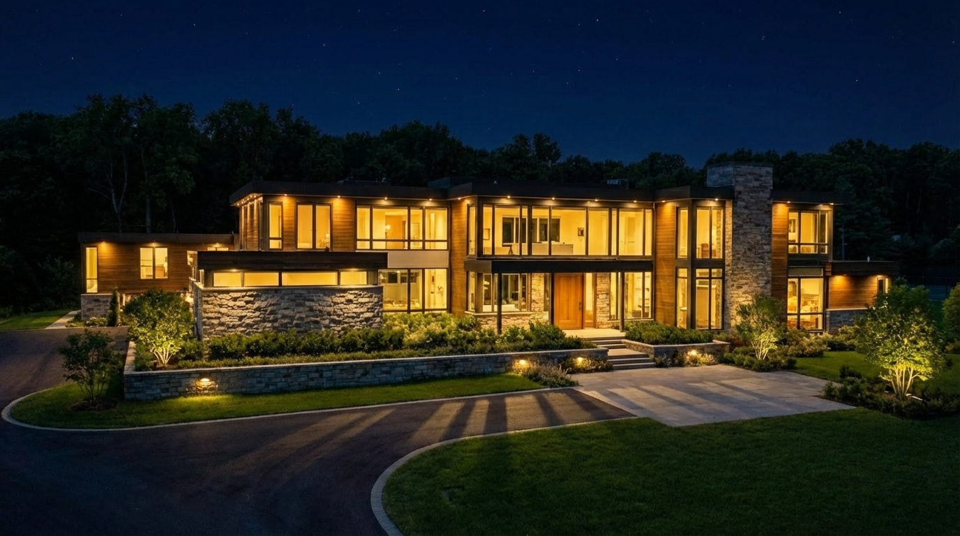 This is a stunning front view of a modern, luxury home at night. The exterior features a mix of stone and wood, with large windows allowing light to spill outwards. The professionally landscaped yard and lighted driveway add to the property's curb appeal, creating an inviting and sophisticated atmosphere.