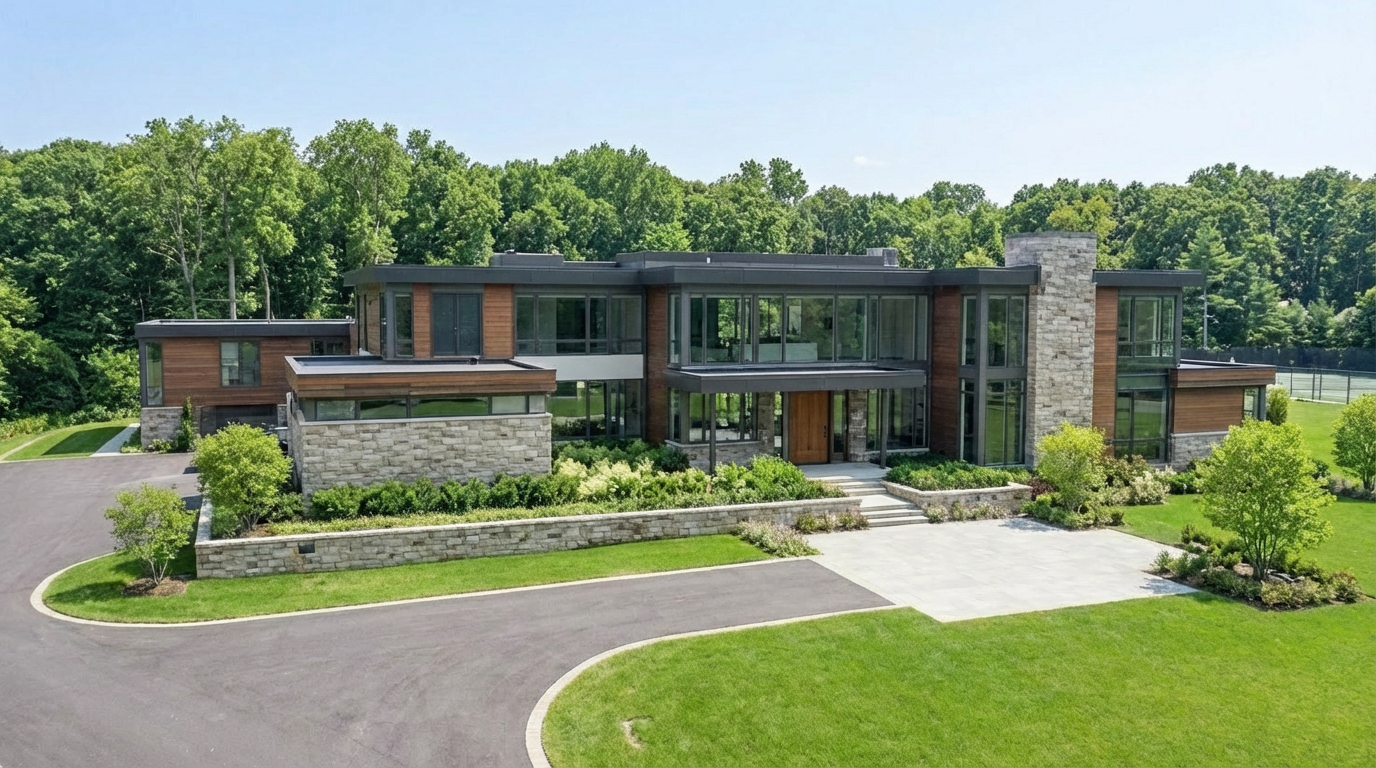 This is a stunning front view of a contemporary house. The exterior showcases a blend of wood, stone, and large windows, creating a luxurious and modern aesthetic. The well-manicured lawn and landscaping enhance the property's curb appeal.