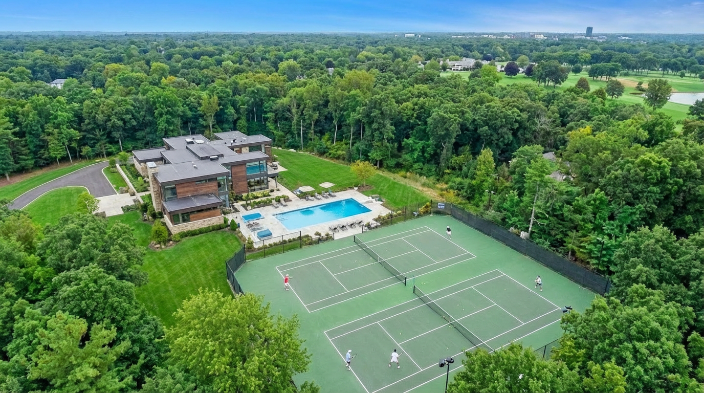 This is an aerial view showcasing a modern luxury home with a flat roof, situated on a large, meticulously maintained property. The property includes a private swimming pool, a tennis court, and lush landscaping with mature trees. The overall impression is one of privacy, opulence, and sophisticated outdoor living.