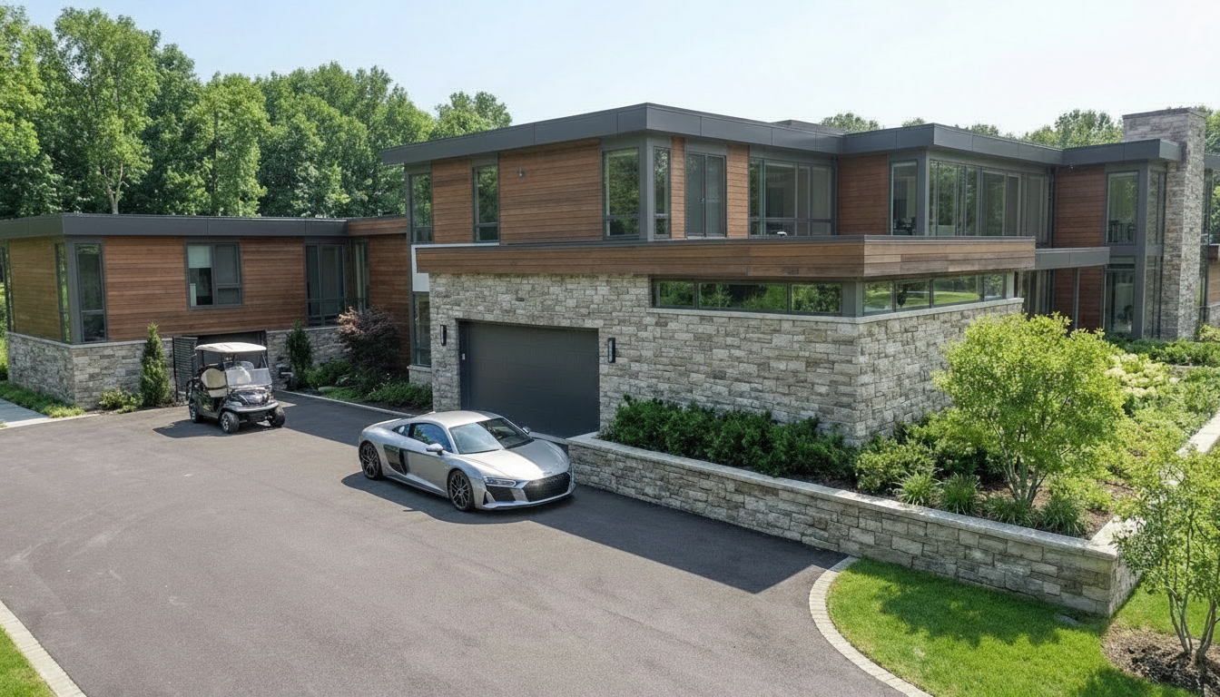 This image showcases the front exterior of a modern home featuring a combination of stone and wood siding. A paved driveway leads to the garage, showcasing a silver sports car and a golf cart. The landscaping includes manicured lawns, neatly trimmed shrubs, and stone retaining walls, enhancing the property's curb appeal.