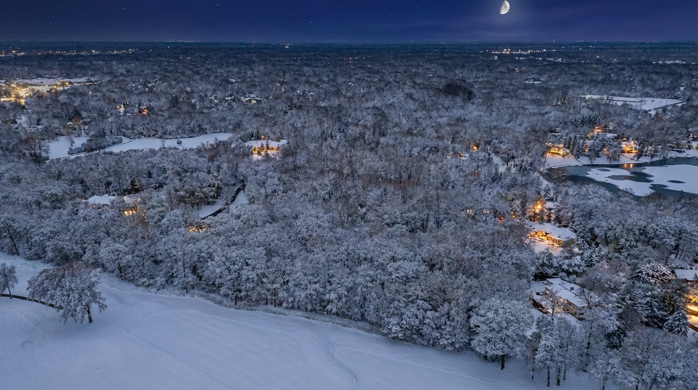 An aerial view showcases a snow-covered residential area at night, illuminated by a bright half moon. Homes are nestled among dense trees, also covered in snow, creating a winter wonderland scene. A few houses have lights on, suggesting warmth and habitation amidst the chilly landscape.