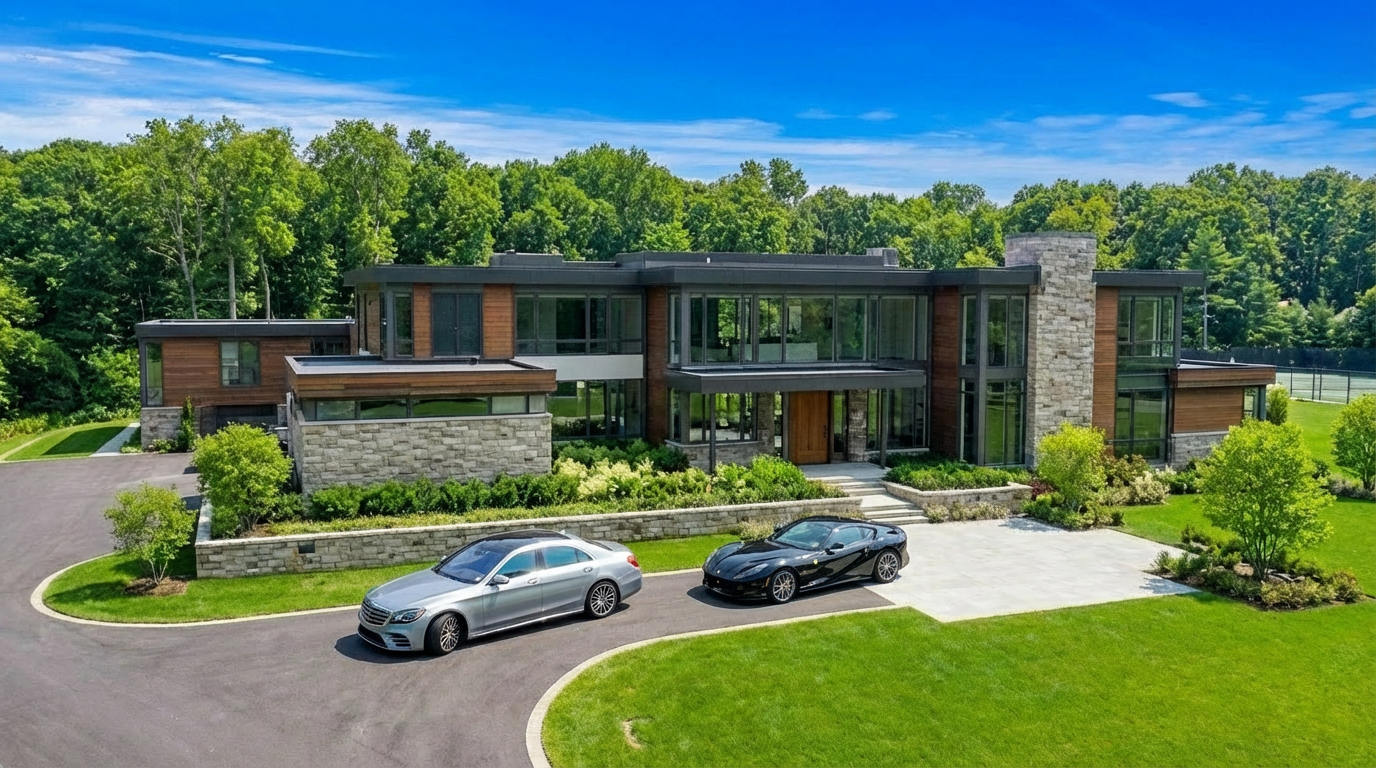 This image showcases the front exterior of a modern home with a striking architectural design. The facade features a combination of stone, wood, and large glass windows, offering an abundance of natural light. A paved driveway leads to the house, complemented by meticulously manicured landscaping and two luxury cars parked in front, creating an immediate impression of luxury and exclusivity.