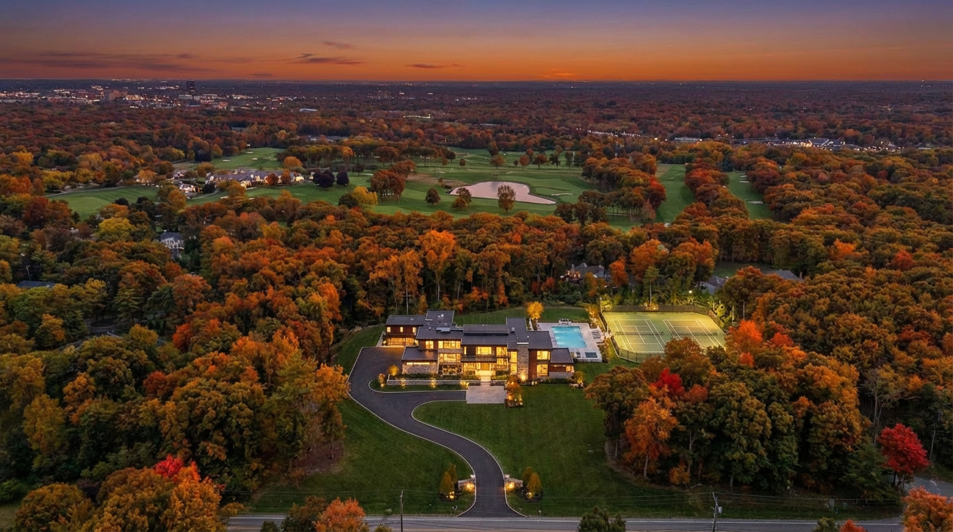 This aerial view showcases a sprawling estate in an autumnal setting. The modern residence features a sleek design with a pool, tennis court, and meticulously landscaped grounds. The property's vast size and private location amongst the fall foliage contribute to an overall impression of luxury and seclusion.