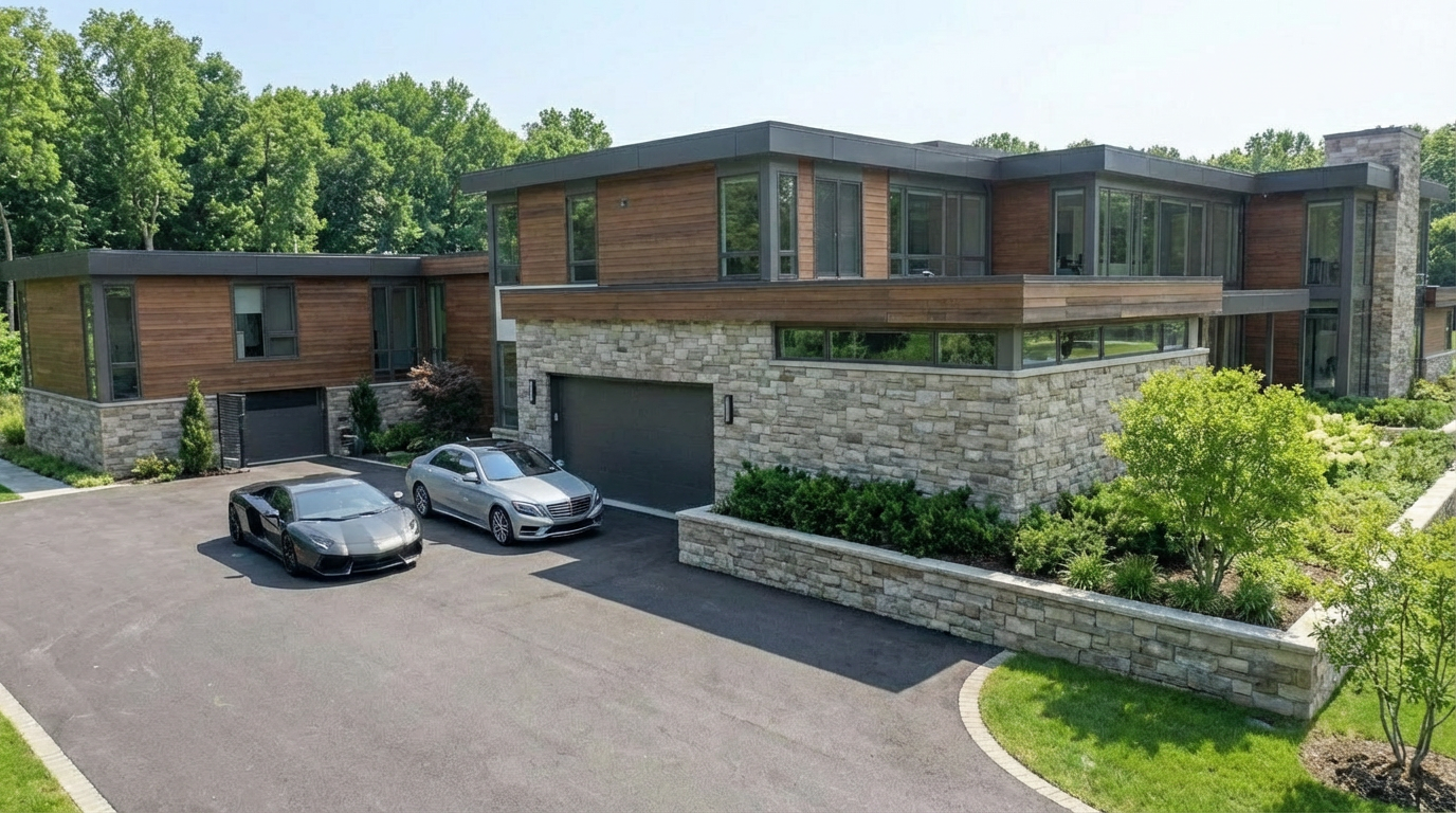 This is a front view of a modern, two-story house featuring a combination of stone and wood exterior finishes. It showcases a well-maintained driveway with multiple luxury vehicles parked, and landscaping includes shrubs and greenery along the front and side of the house. A large window is visible on the upper level offering natural light to the house.