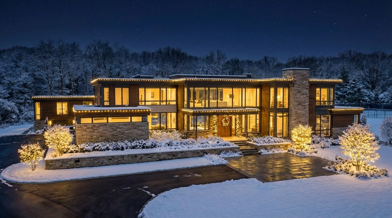 This image showcases the front exterior of a modern, luxurious home at night. The architecture features a blend of stone and wood, with expansive windows and elegant lighting highlighting the structure's clean lines. Snow covers the landscape, creating a serene and upscale impression.