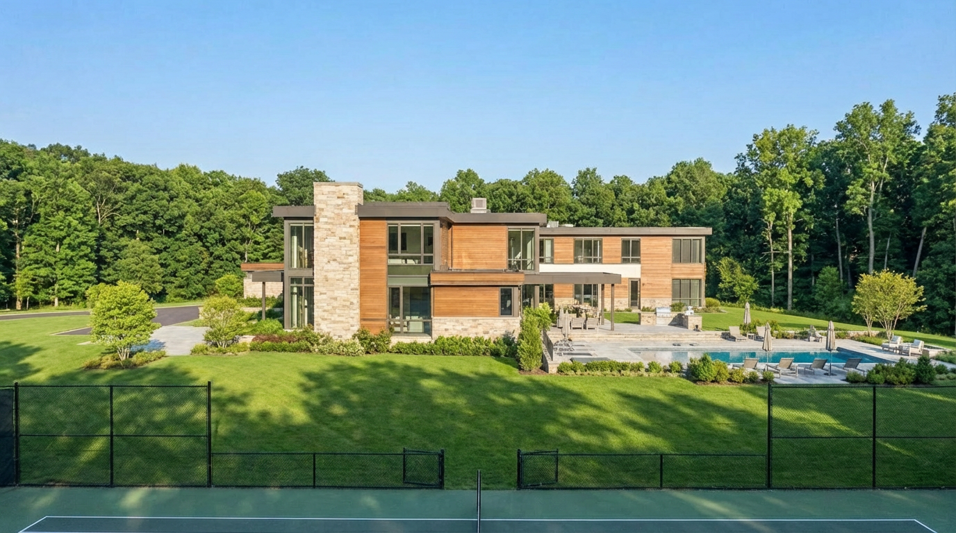 This image showcases the rear exterior of a modern luxury home. It features a swimming pool, patio area with lounge chairs and umbrellas, and a well-maintained lawn. The house boasts clean lines, wood and stone cladding, and ample windows, creating a seamless blend of indoor and outdoor living spaces.
