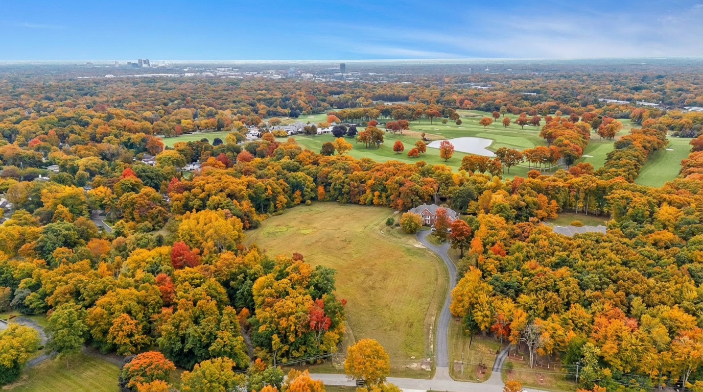 This aerial view showcases a property nestled in a vibrant, autumnal landscape. The home sits adjacent to a spacious green lawn, surrounded by trees displaying a range of fall colors. A nearby golf course adds to the property's appeal, complemented by distant city views on the horizon.