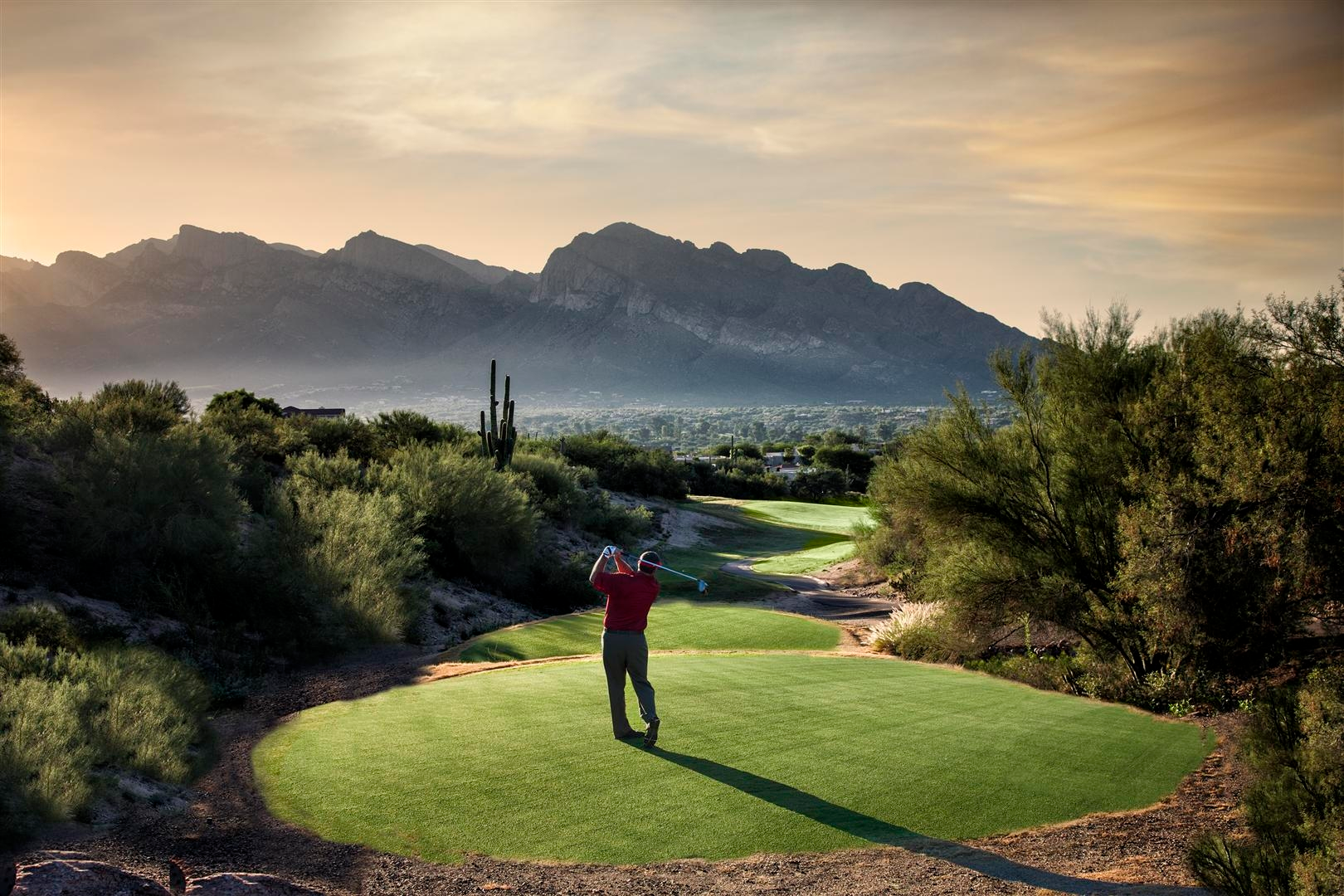 This image showcases a scenic golf course hole set against a dramatic desert mountain backdrop. The manicured green is surrounded by native desert flora and cacti, highlighting the tranquil and well-maintained outdoor amenities offered by the community. It presents an inviting, high-end lifestyle feature typical of luxury residential golf course developments.