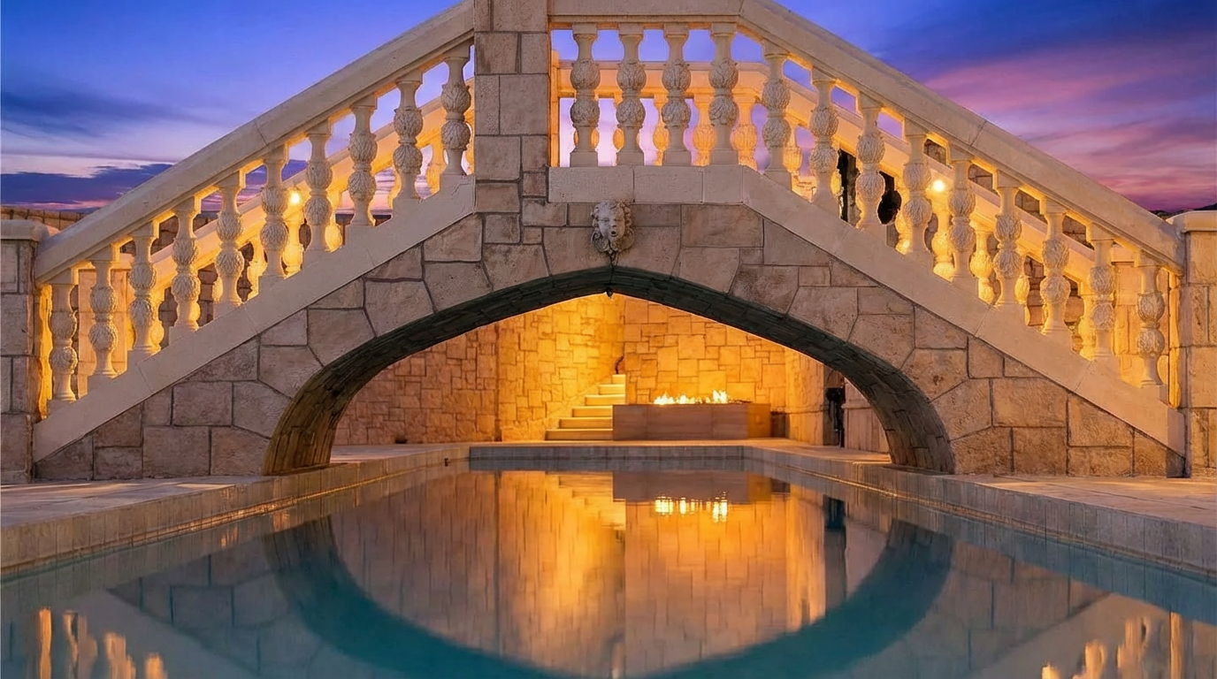 This image showcases an elegant outdoor pool area featuring a stone bridge with intricate balustrades arching over the water. Warm lighting reflects beautifully off the pool's surface, creating a luxurious and inviting atmosphere. The design evokes a sense of classic sophistication and relaxation, making it a standout amenity for any property.
