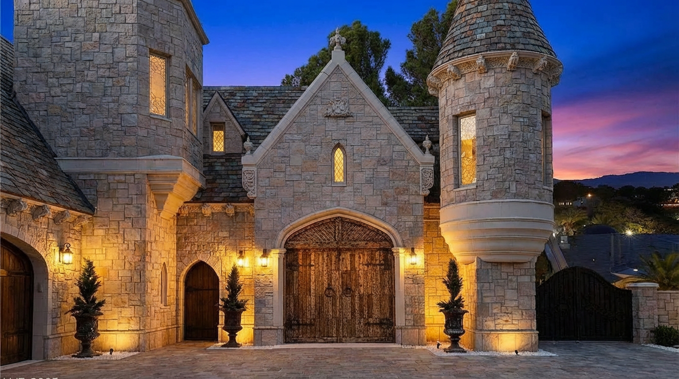 This image showcases the grand entryway of a castle-like home. The architecture features stone walls, a large wooden arched gate, and a turret, giving it a medieval aesthetic. Lighting fixtures illuminate the space, highlighting the impressive stonework and creating a warm and inviting entrance.