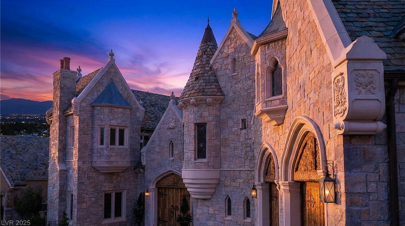 This is a stunning front view of a castle-like home. The exterior showcases intricate stonework, pointed roofs, and arched entryways with wooden doors. Lit lanterns flank the entrance, adding warmth and a touch of medieval charm.