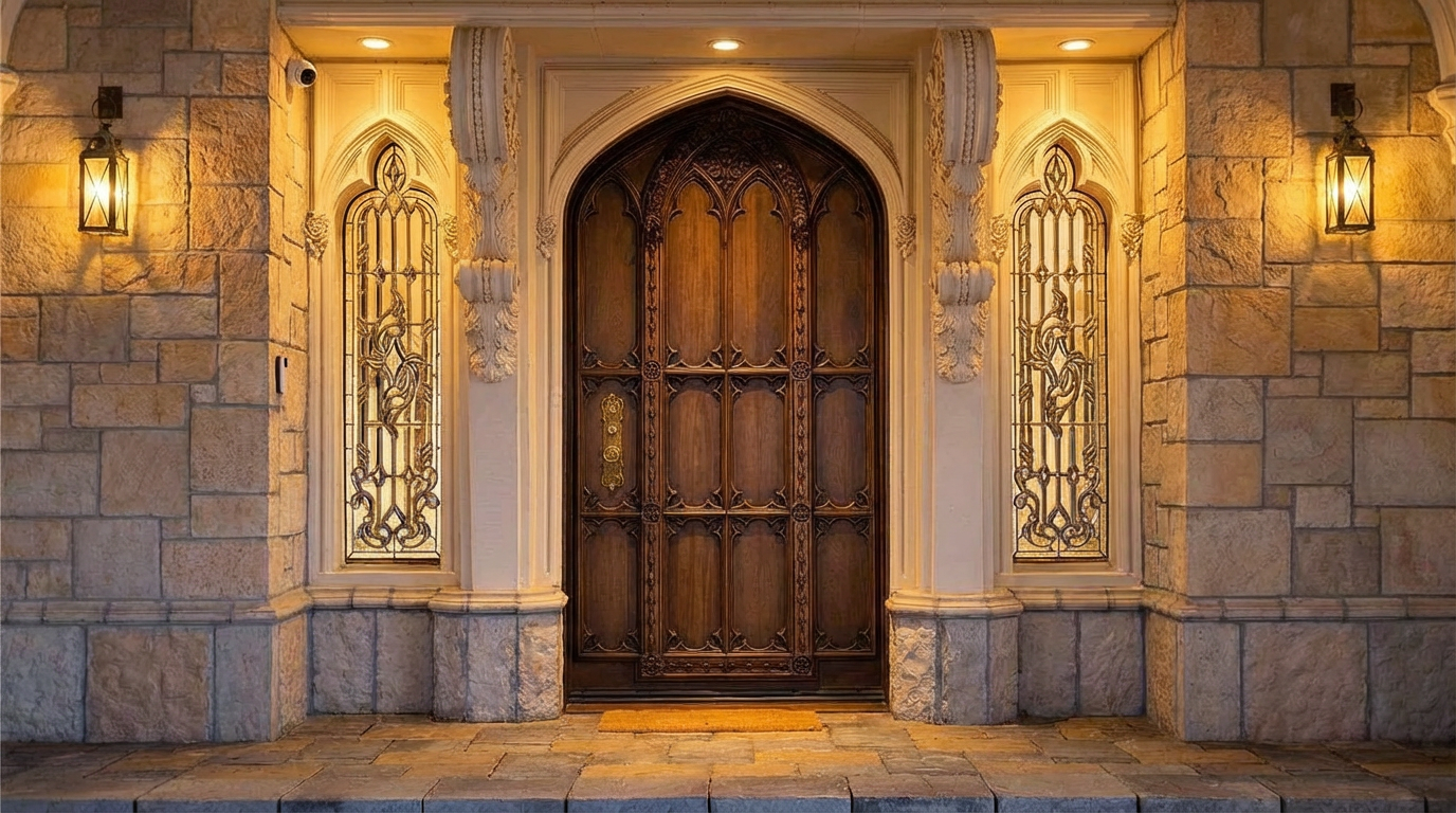 This grand entryway features a large, arched wooden door framed by ornate stone pillars and Gothic arched windows. Stone cladding on the walls and decorative wall sconces add to the impressive, historical aesthetic. The entryway exudes elegance and sophistication, creating a memorable first impression.