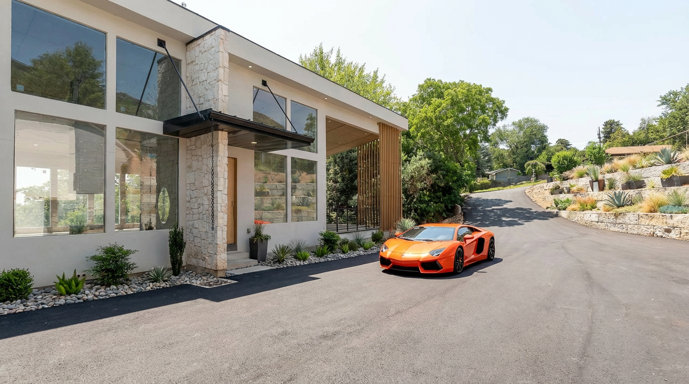 This is a front exterior shot of a modern home featuring a sleek architectural design. The facade includes large windows, stonework accents, and a covered entryway. An orange sports car sits on the driveway, adding a sense of luxury and highlighting the property's upscale appeal.