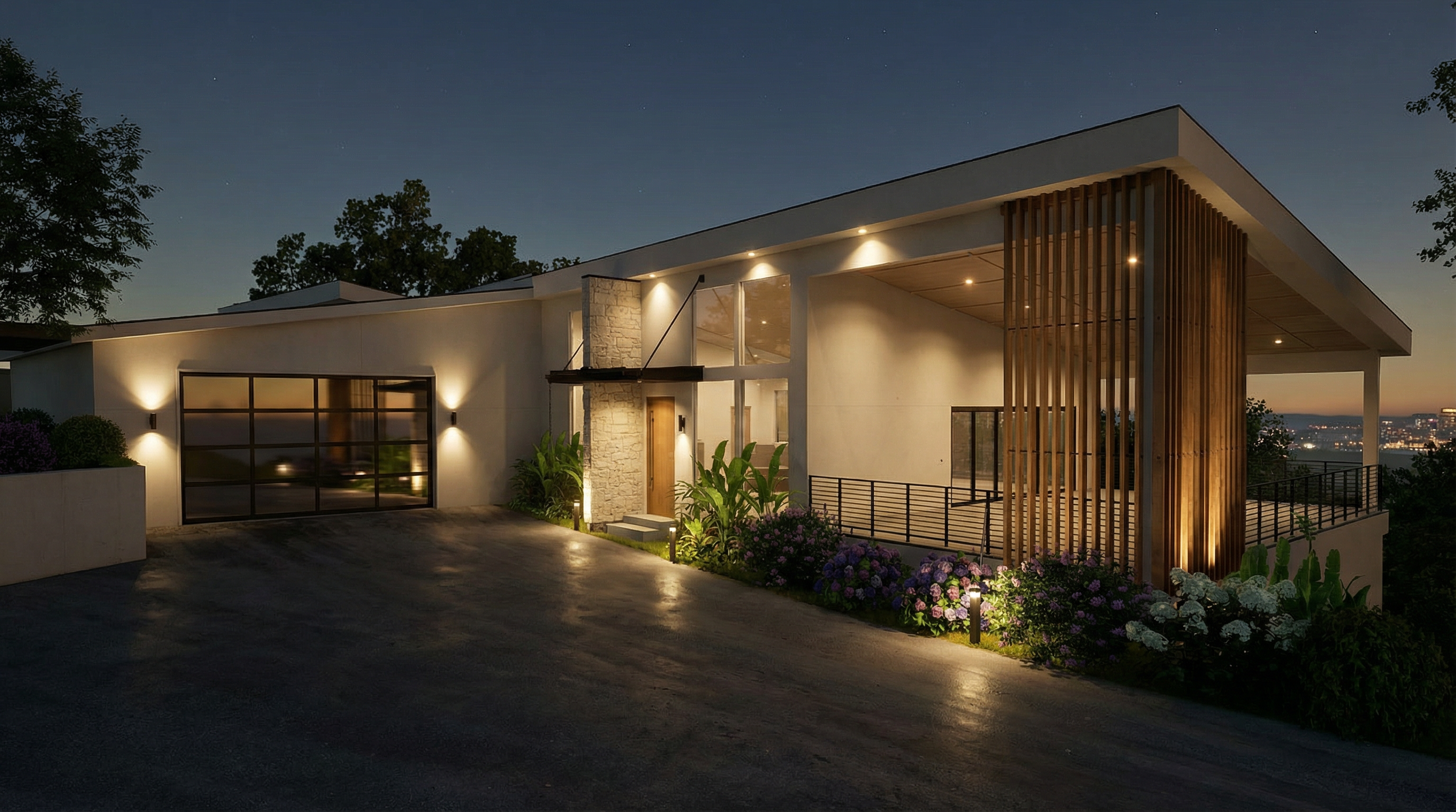 This image showcases the front exterior of a modern home at dusk. The house features a striking garage door, stone accents around the entryway, and wooden slat accents on a balcony. Landscape lighting highlights the garden, creating an inviting atmosphere.