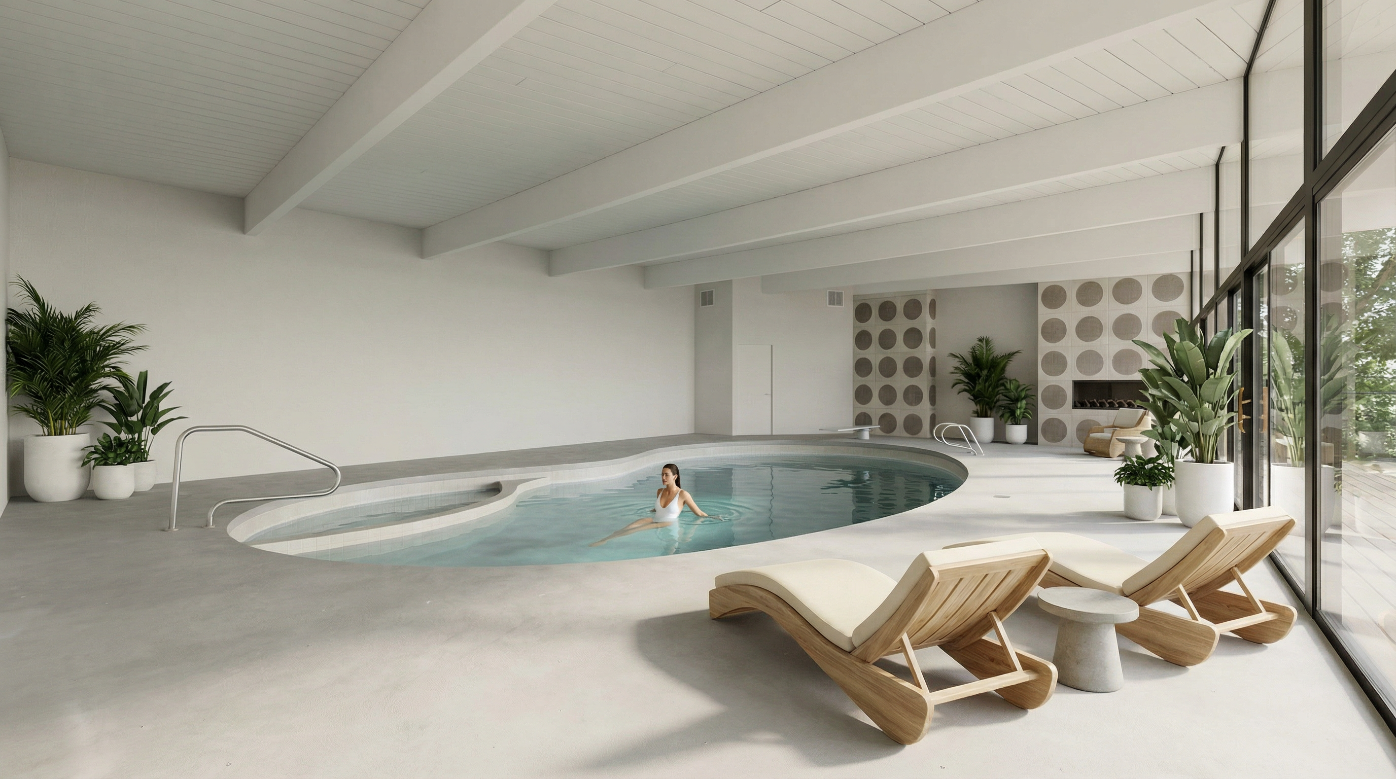 This image showcases an indoor pool area with sleek, modern design elements. Large windows provide ample natural light, and contemporary lounge chairs create a relaxing atmosphere. The pool itself features a unique shape, complemented by minimalist landscaping with potted plants.