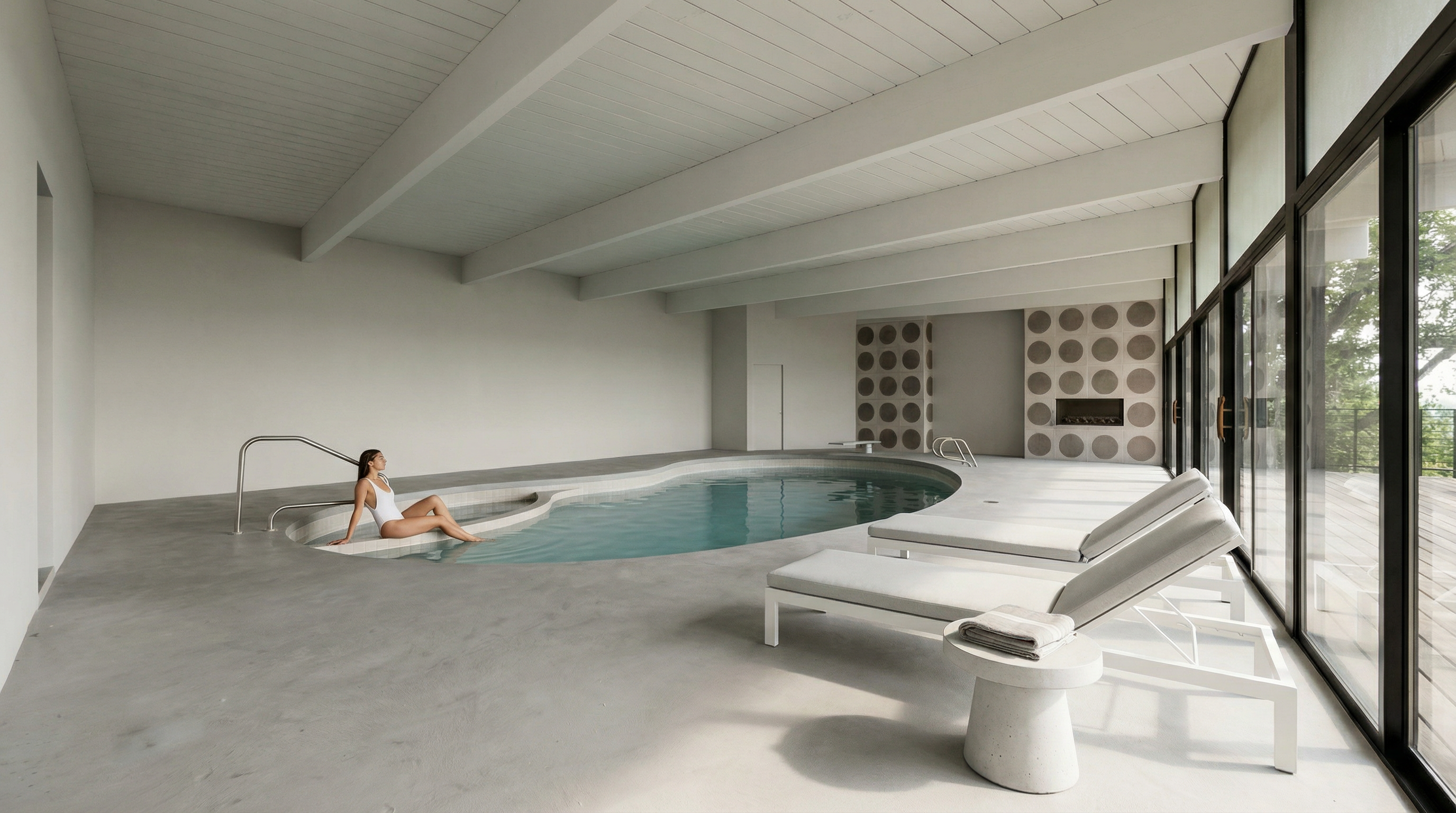 This indoor pool area boasts a modern and minimalist design with a curved pool, white concrete flooring, and matching loungers. Sunlight streams through large glass sliding doors, highlighting the clean lines and neutral color palette. A unique fireplace with circular patterned tiles adds an interesting architectural detail to the space.